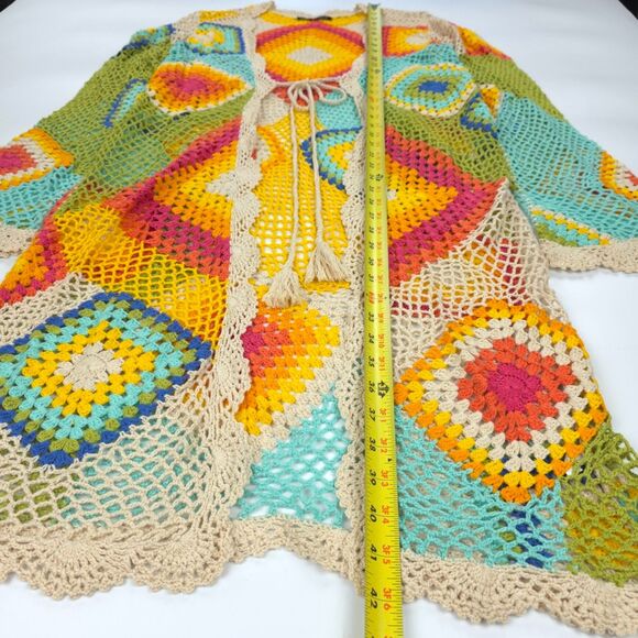 BOSTON PROPER Vibrant Crochet Duster Knit 70s Grandma Boho Hippie Artsy Festival - Picture 5 of 11
